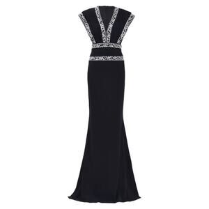 Tadashi Shoji Embroidered V-Neck Black Ivory Gown | Size 16 | NWOT